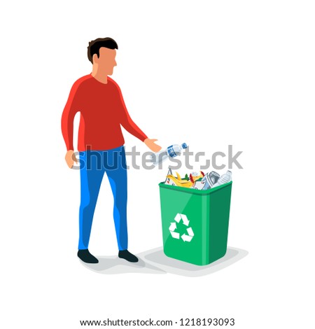 Caucasian person man throwing a plastic bottle waste in green garbage bin. Isolated flat vector trash illustration on white background. Rubish recycling concept.