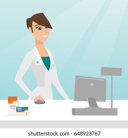 Caucasian pharmacist in a medical gown standing behind the counter in a pharmacy. Pharmacist working in a drugstore. Pharmacist working on a computer. Vector flat design illustration. Square layout.