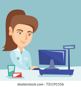 Caucasian pharmacist in a medical gown standing behind the counter with a computer in the pharmacy. Young pharmacist working on a computer in a drugstore. Vector cartoon illustration. Square layout.