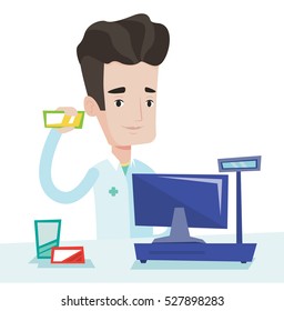 Caucasian pharmacist standing at the counter in the pharmacy. Pharmacist showing some medicine. Male pharmacist holding a box of pills. Vector flat design illustration isolated on white background.