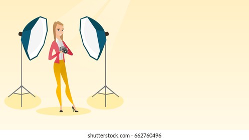 Caucasian photographer holding a camera in a photo studio. Photographer using a professional camera in a studio. Young photographer taking a photo. Vector flat design illustration. Horizontal layout.