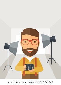 A Caucasian photographer smiling while inside the studio preparing the light and his camera to take a picture. A Contemporary style with pastel palette, soft grey tinted background. Vector flat design