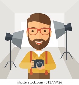 A Caucasian photographer smiling while inside the studio preparing the light and his camera to take a picture. A Contemporary style with pastel palette, soft grey tinted background. Vector flat design