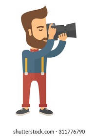 A Caucasian photographer taking a picture with the trees under the sun. A Contemporary style. Vector flat design illustration isolated white background. Vertical layout