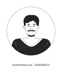 Caucasian piercing man with moustache black and white 2D vector avatar illustration. European male stylish outline cartoon character face isolated. Corporate casual flat user profile image portrait