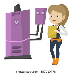 Caucasian plumber making some notes in her clipboard. Plumber inspecting heating system in boiler room. Female plumber in overalls at work. Vector flat design illustration isolated on white background