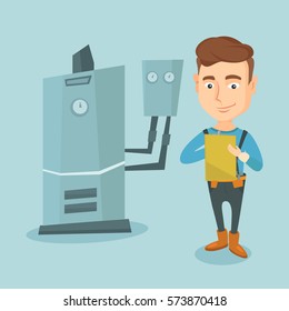 Caucasian plumber making some notes in his clipboard. Plumber inspecting heating system in boiler room. Friendly plumber in overalls at work. Vector flat design illustration. Square layout.