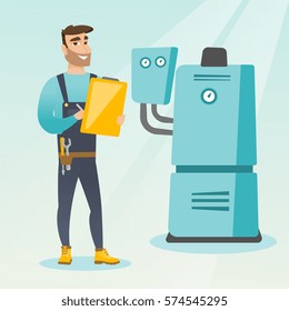 Caucasian plumber making some notes in his clipboard. Plumber inspecting heating system in boiler room. Widely smiling plumber in overalls at work. Vector flat design illustration. Square layout.