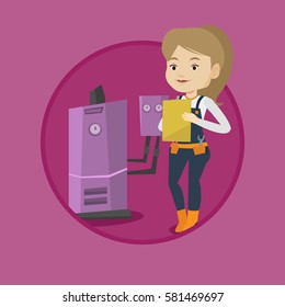 Caucasian plumber making some notes in clipboard. Plumber inspecting heating system in boiler room. Plumber in overalls at work. Vector flat design illustration in the circle isolated on background.