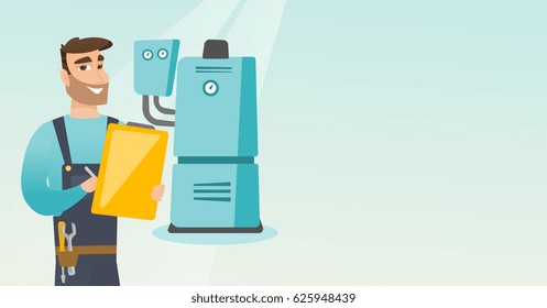 Caucasian plumber making some notes in his clipboard. Plumber inspecting heating system in boiler room. Widely smiling plumber in overalls at work. Vector flat design illustration. Horizontal layout.