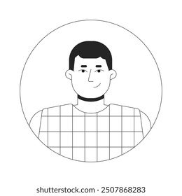 Hombre caucásico de talla grande sonriente ilustración de avatar de Vector 2D en blanco y negro. Cara de personaje de dibujos animados de contorno de cabello corto masculino europeo aislado. Retrato de Imagen de perfil de usuario plano casual Corporativa