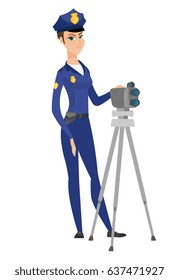 Caucasian police officer controlling driving speed with radar. Full length of young police officer with radar for traffic speed control. Vector flat design illustration isolated on white background.