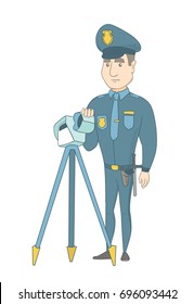 Caucasian police officer controlling driving speed with a radar. Young police officer with a radar for traffic speed control. Vector sketch cartoon illustration isolated on white background.