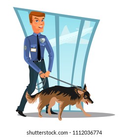 Caucasian Police officer with dog, canine security policeman officer and watchdog, man in uniform holding German Shepherd, cartoon cop isolated on white vector illustration