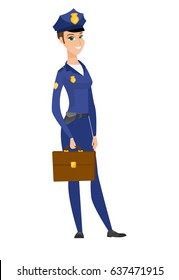 Caucasian police woman holding briefcase. Full length of young police woman with briefcase. Widely smiling police woman holding briefcase. Vector flat design illustration isolated on white background.