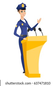 Caucasian Police Woman Speaking To Audience From Tribune. Police Woman Standing Behind The Tribune With Microphones And Giving A Speech. Vector Flat Design Illustration Isolated On White Background.