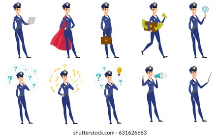 Caucasian police woman superhero in red cloak. Police woman wearing red superhero cloak. Young police woman dressed as superhero. Set of vector flat design illustrations isolated on white background.