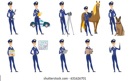Caucasian police woman wearing uniform and holding baton in hand. Full length portrait of young serious police woman with baton. Set of vector flat design illustrations isolated on white background.