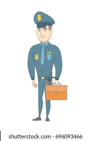Caucasian policeman holding a briefcase. Full length of young policeman with a briefcase. Widely smiling policeman holding a briefcase. Vector sketch cartoon illustration isolated on white background.