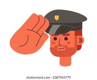 Policía caucásico saludando la ilustración de avatares vectoriales 2D. Oficial de policía de la autoridad, personaje de caricatura europeo masculino, se enfrenta a retrato. Cop man color plano imagen de perfil de usuario aislada en fondo blanco