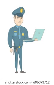 Caucasian policeman using a laptop. Full length of young smiling policeman working on a laptop. Cheerful policeman holding a laptop. Vector sketch cartoon illustration isolated on white background.