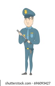 Caucasian policeman wearing blue uniform and holding a baton in hand. Full length young serious policeman with a baton. Vector sketch cartoon illustration isolated on white background.