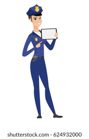 Caucasian policewoman holding tablet computer. Full length of policewoman pointing at tablet computer. Policewoman with tablet computer. Vector flat design illustration isolated on white background.