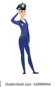 Caucasian policewoman scratching her head. Full length of thoughtful policewoman scratching head. Puzzled policewoman scratching her head. Vector flat design illustration isolated on white background.