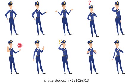 Caucasian policewoman showing stop hand gesture. Young policewoman doing stop gesture. Serious policewoman with a stop gesture. Set of vector flat design illustrations isolated on white background.