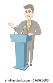 Caucasian politician speaking to audience from tribune. Young politician standings behind tribune with microphones and giving a speech. Vector sketch cartoon illustration isolated on white background.