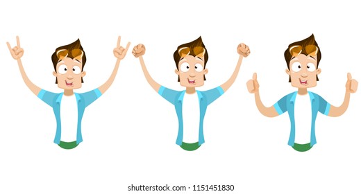 Caucasian positive and stylish man with sunglasses. Colorful illustration character with joyful emotions shows signs with both hands, fingers up and hands in fists. Vector image on white background
