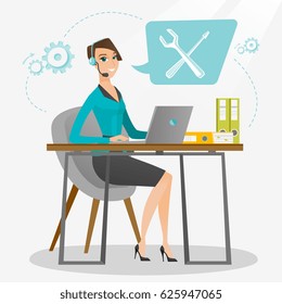 Caucasian professional operator of technical support working on computer. Young operator of technical support at work. Concept of technical support. Vector flat design illustration. Square layout.