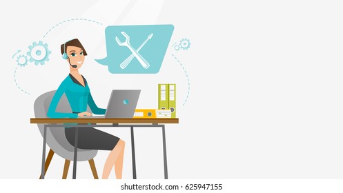 Kaukasischer professioneller Bediener des technischen Supports, der am Computer arbeitet. Junge Betreiber von technischer Unterstützung bei der Arbeit. Konzept der technischen Unterstützung. Vektorflache Design-Illustration. Horizontales Layout.