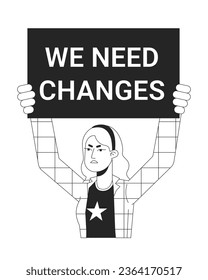 Caucasian protester holding poster flat line black white vector character. Public demonstration. Editable outline half body person. Simple cartoon isolated spot illustration for web graphic design