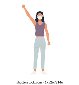 Caucasian Protester In Respiratory Mask, Hand Fist Raised Up. White Woman Protesting, Fighting For Human Rights, Manifestation. Environmental Issue Climate Change Or Feminism. Flat Vector Illustration