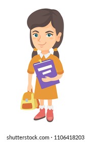 Caucasian pupil with backpack and tutorial. Full length of smiling happy pupil holding textbook and backpack in hands. Vector sketch cartoon illustration isolated on white background.