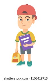 Caucasian pupil with backpack and tutorial. Full length of smiling happy pupil holding textbook and backpack in hands. Vector sketch cartoon illustration isolated on white background.
