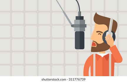 A caucasian radio DJ working in a radio station with headphone and microphone raising his voice. A Contemporary style with pastel palette, soft beige background. Vector flat design illustration