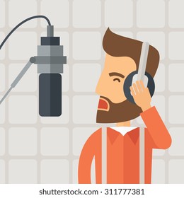 A caucasian radio DJ working in a radio station with headphone and microphone raising his voice. A Contemporary style with pastel palette, soft beige background. Vector flat design illustration