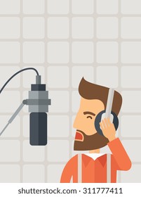 A caucasian radio DJ working in a radio station with headphone and microphone raising his voice. A Contemporary style with pastel palette, soft beige background. Vector flat design illustration