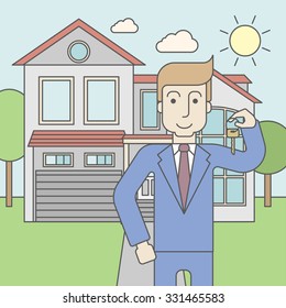 A caucasian real estate agent holding key on house background. Vector line design illustration. Square layout.