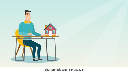 Caucasian real estate agent sitting at workplace with house model on table and signing home purchase contract. Man signing home purchase contract. Vector flat design illustration. Horizontal layout.