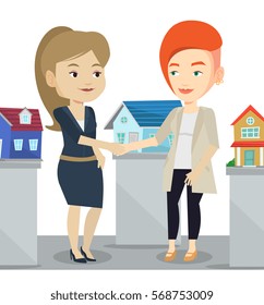 Caucasian realtor shaking hand to customer after real estate deal in office. Conclusion of real estate deal between realtor and buyer. Vector flat design illustration isolated on white background.