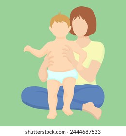 Caucasian red-haired woman sits cross-legged on the floor and supports a child walking in a diaper. simple vector style in realistic silhouette without face. baby's first steps