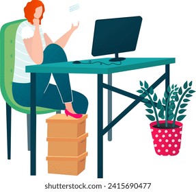 Caucasian redhead female works at home office. Woman in casual attire using computer. Comfortable and cozy freelance workspace vector illustration.