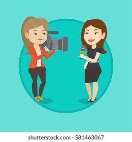 Caucasian reporter with microphone presenting the news. Young operator filming reporter. Reporter and operator recording the news. Vector flat design illustration in the circle isolated on background.
