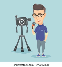Caucasian reporter with microphone standing on the background with camera. Young smiling TV reporter presenting the news. TV transmission with reporter. Vector flat design illustration. Square layout.