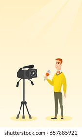 Caucasian reporter standing with a microphone on the background of a camera. Young TV reporter presenting news. TV transmission with a reporter. Vector flat design illustration. Vertical layout.