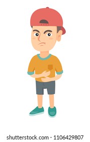 Caucasian sad boy having stomach ache. Little boy touching his belly and suffering from stomach ache. Boy having problems with stomach. Vector sketch cartoon illustration isolated on white background.