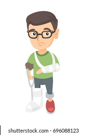 Caucasian sad injured boy with broken arm and leg in gypsum. Full length of upset injured little boy standing on crutches. Vector sketch cartoon illustration isolated on white background.